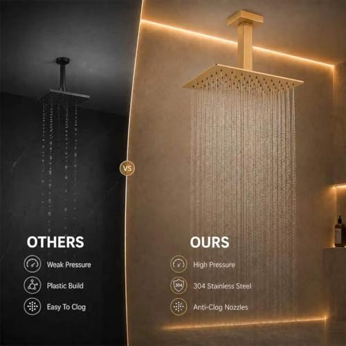 Rainfall Shower Head, BSTIIU 12 Inch Square Shaped Rain Shower Head, Ultra Thin Stainless Steel Ceiling or Wall Mounted Showerheads, Brushed Brass Gold - color: Brushed Brass Gold, size: 12-Inches, style: Square
