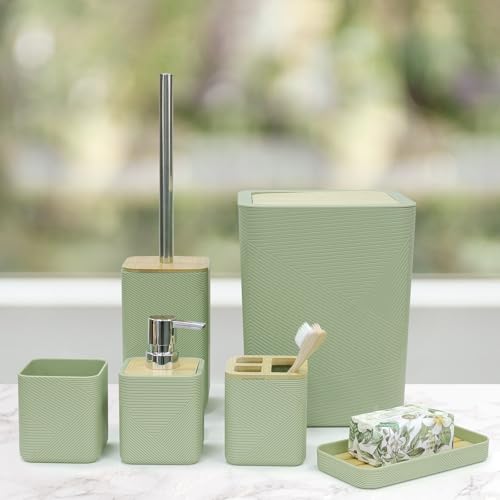 CERBIOR Bamboo Bathroom Accessories Set 6 Piece Square Spiral Set,Green | Includes Soap Dispenser, Toothbrush Holder, Toothbrush Cup, Soap Dish for Decorative Countertop and Housewarming Gift - size: Complete Set, style: Green