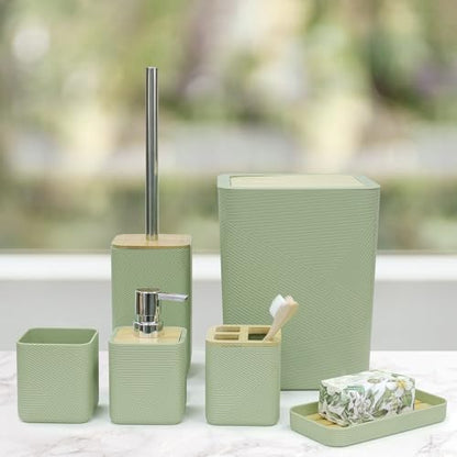 CERBIOR Bamboo Bathroom Accessories Set 6 Piece Square Spiral Set,Green | Includes Soap Dispenser, Toothbrush Holder, Toothbrush Cup, Soap Dish for Decorative Countertop and Housewarming Gift - size: Complete Set, style: Green