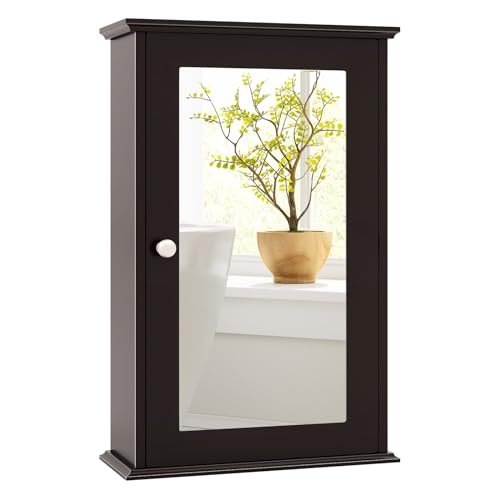 Tangkula Bathroom Medicine Cabinet with Mirror, Wall Mounted Single Mirror Door Storage Cabinet w/Adjustable Shelf, Wall Cabinet w/Reversible Door for Bathroom Living Room Hallway (Brown) - color: Brown