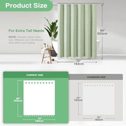 Long Shower Curtain and Liner Set - 80 inch Tall Boho Shower Curtain and Waterproof Clear Liner, Tufted Chevron Striped Tassel Shower Curtains for Bathroom, 12 Hooks, 72x80, Sage Green - color: Sage Green, size: 72"W x 80"L (Pack of 1)