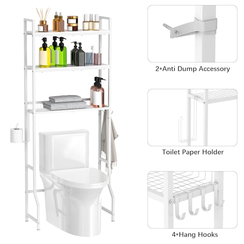 Over Toilet Bathroom Organizer with Toilet Paper Holder | White Over the Toilet Shelf, Over the Toilet Storage Cabinet, Heavy Duty Metal 3 Tier Bathroom Organizer Shelf with 3 Hooks - color: White