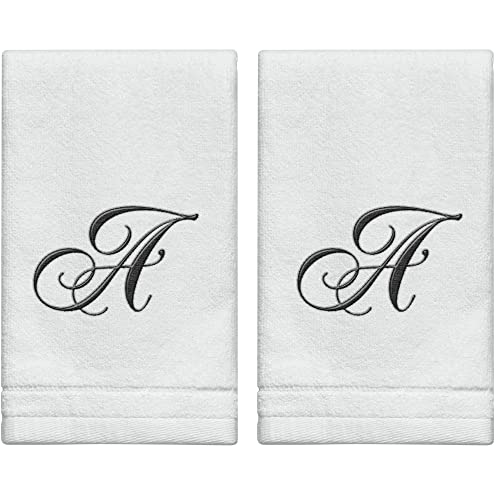 Personalized Initial Fingertip Towels - 2 Pack 11x18 - Black Embroidery On White Towel, Modern Monogrammed Towels, Great Personalized Initial Gift for Women, Teachers, Friends, Bridesmaids Initial A - color: A