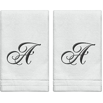 Personalized Initial Fingertip Towels - 2 Pack 11x18 - Black Embroidery On White Towel, Modern Monogrammed Towels, Great Personalized Initial Gift for Women, Teachers, Friends, Bridesmaids Initial A - color: A
