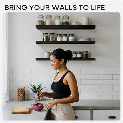 Floating Shelf Black 12 inch, High End Solid Real Wood Small 12inch Floating Shelves for Wall Mounted, Black Wooden 12 in Floating Shelves, Heavy Duty Bracket, 12 X 6.5 X 1.75 inch, Set of 2 - color: Modern Black - Rich Neutral Satin, size: 12 inch