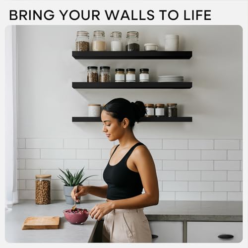 16 inch Black Floating Shelves, High End Solid Real Wood 16inch Bathroom Floating Shelves for Wall Mounted, 16in Wooden Small Floating Shelf, Heavy Duty Bracket, 16 X 6.5 X 1.75 in, Set of 2 - color: Modern Black - Rich Neutral Satin, size: 16 inch