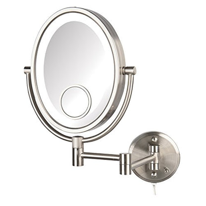 JERDON Lighted Wall-Mount Makeup Mirror - 10X/15X - Nickel - HL9515NL | Two-Sided 8" x 10" Oval Frame, 14" Wall Arm, LED, Plug-In Power - color: Nickel Plug in
