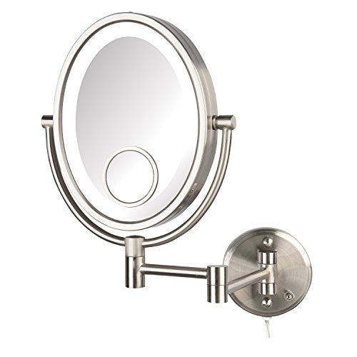JERDON Lighted Wall-Mount Makeup Mirror - 10X/15X - Nickel - HL9515NL | Two-Sided 8" x 10" Oval Frame, 14" Wall Arm, LED, Plug-In Power - color: Nickel Plug in