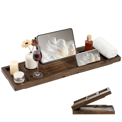 Teak Bathtub Tray, Expandable Bath Tray for Tub 28–40in, Foldable Bath Caddy with Wine Holder, Phone & Tablet Stand, Wooden Bathtub Organizer, Luxury Spa Bathroom Accessories Gift - Dark Walnut Finish - color: Dark Walnut - Solid Teak Wood