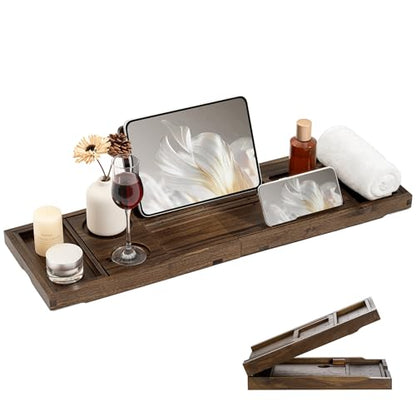 Teak Bathtub Tray, Expandable Bath Tray for Tub 28–40in, Foldable Bath Caddy with Wine Holder, Phone & Tablet Stand, Wooden Bathtub Organizer, Luxury Spa Bathroom Accessories Gift - Dark Walnut Finish - color: Dark Walnut - Solid Teak Wood