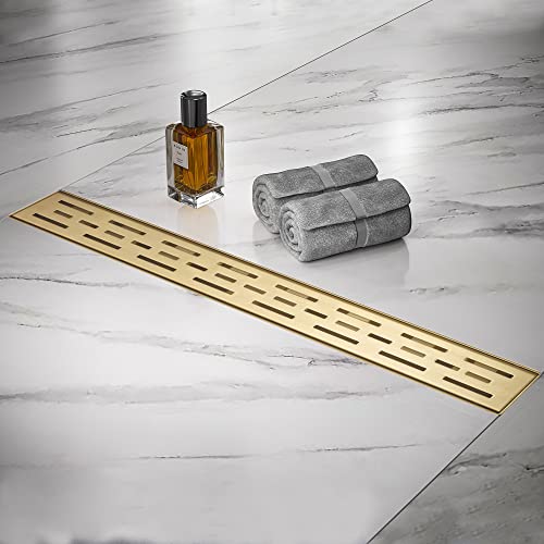 Linear Shower Drain, Brushed Gold Shower Drain 24 Inch with Removable Grate, SUS-304 Stainless Steel Rectangle Floor Drain with Leveling Feet and Hair Strainer, Bathroom Modern Drain SD-101 - color: Brushed Gold, size: 24 Inch