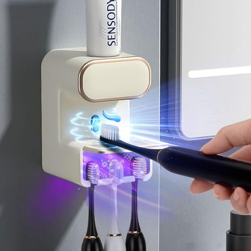 Automatic Toothpaste Dispenser,Smart Toothpaste Dispenser Wall Mounted with 3 Toothpaste Slots,Electric Toothbrush Holder Toothpaste Squeezer for Adults and Kids (Beige) - color: Beige