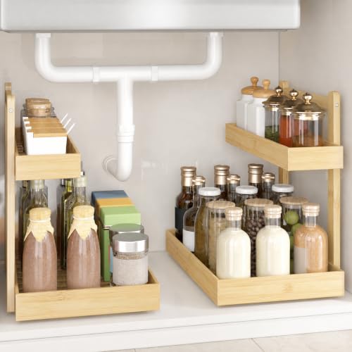 Bamboo Under Sink Organizer 2 Pack, 2-Tier Pull Out Cabinet Organizer | Kitchen Sink Organizer | Bathroom Cabinet Organizer | Cleaning Supply Storage | L-Shape | 3-Level Adjustable | Natural Bamboo - color: Nature, size: 2 Packs