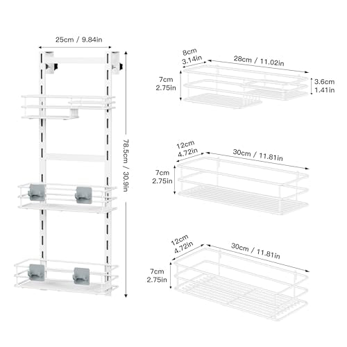 Orimade Over The Door Shower Caddy Adjustable 3 Tier White,Bathroom Hanging Organizer Shelf Rustproof with 4 Hooks,Shower Basket with Soap Holder and Suction Cup - color: White-3T