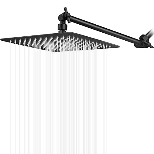 High Pressure Large Stainless Steel Square Rain ShowerHead With Shower Arm Waterfall Full Body Coverage Easy to Clean and Install (12 Inch With Arm, Matte Black) - color: Matte Black, size: 12 Inch With Arm