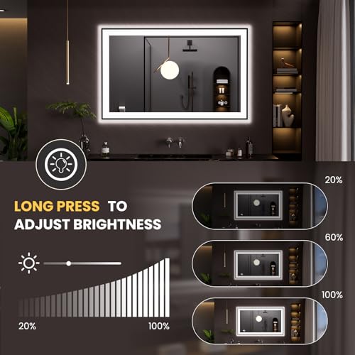 LOAAO 48"X30" LED Bathroom Mirror Black Framed | Anti-Fog, Dimmable, Memory Function, Tempered Glass, Lighted Vanity Mirror for Wall - size: 48"L x 30"W