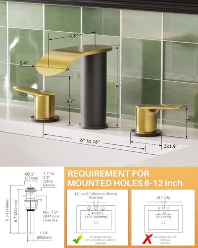 WOWOW Waterfall Bathroom Faucet 3 Holes 8Inch Widespread Bathroom Sink Faucet, Two Handles Lavatory Vanity Sink Faucets with Pop-up Drain & Supply Hoses, Modern Faucet Mixer Taps Black and Gold - color: Black and Gold