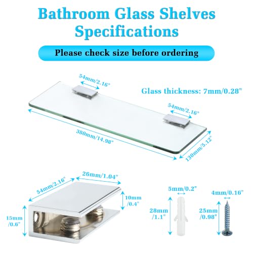 Alise Glass Shelves for Bathroom,15 Inch Wall Mounted Floating Shelf,Chrome | Tempered Glass Shelf,Metal Brackets,Rectangular,Floating Glass Shelves,Over Toilet,Vanity,Bedroom,Kitchen,1 Pack - color: Chrome