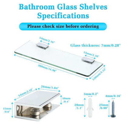 Alise Glass Shelves for Bathroom,15 Inch Wall Mounted Floating Shelf,Chrome | Tempered Glass Shelf,Metal Brackets,Rectangular,Floating Glass Shelves,Over Toilet,Vanity,Bedroom,Kitchen,1 Pack - color: Chrome