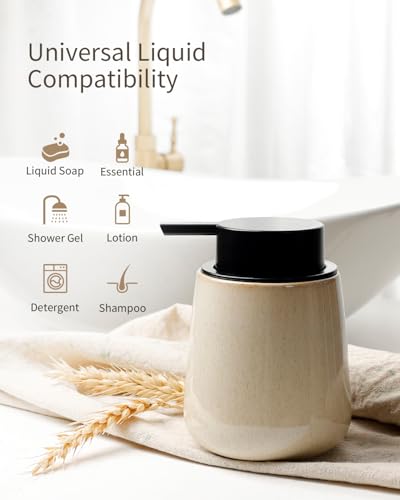 Bosilunlife 12Oz Ceramic Foam Soap Dispenser for Bathroom Kitchen Counter | Premium countertop foam pump creates delicate dense foam, stable desktop placement, Greige with Speckle - color: Greige