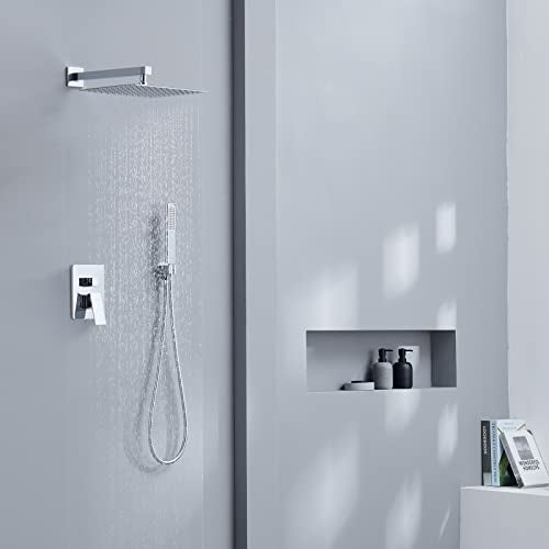 Iriber Chrome Shower System 10 Inch High Pressure Rainfall Shower Head and Shower Faucet Combo Set - color: Chrome 04