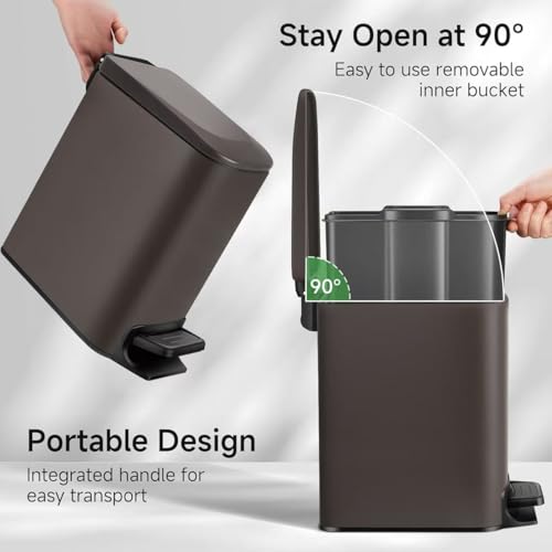 TIPGO Slim Bathroom Trash Can with Lid Soft Close, Step Pedal, 6 Liter / 1.6 Gallon Stainless Steel Trash Bin, Small Garbage Cans for Bedroom, Office, Kitchen (Brown) - color: Brown
