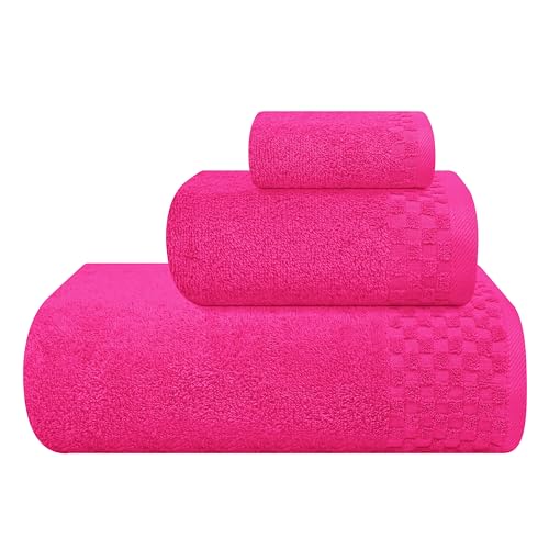 MyOwn Ultra Soft 3 Pack Cotton Towel Set, Contains a Bath Towels 28x55 inch, a Hand Towels 16x24 inch & a Wash Coths 12x12 inch, Ideal Everyday use, Compact & Lightweight - Hot Pink - color: Hot Pink, size: 3 Pack Set