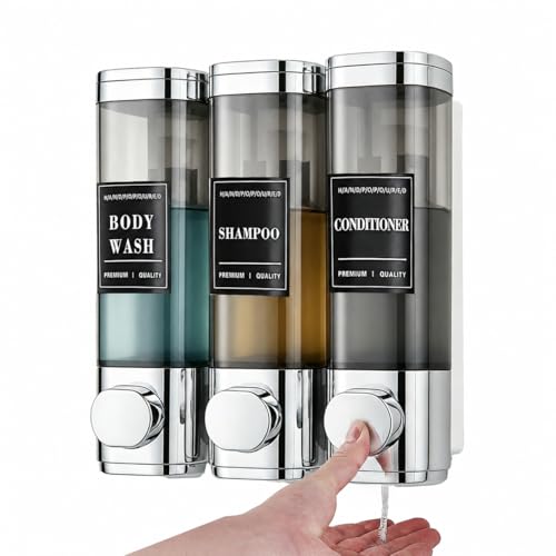 Shampoo and Conditioner Dispenser,Shower Soap Dispenser 3 Chamber No Drill | Wall-Mounted Shampoo Dispenser for Shower Wall Mounted Shower Dispenser for Bathroom Hotel Large Capacity, Chrome - color: 3chrome