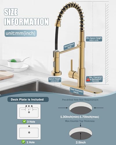Kitchen Faucet, Brushed Gold Kitchen Faucet with Soap Dispenser and Deck Plate, Faucet for Camper Farmhouse RV Kitchen Sink, Single Handle Stainless Steel Kitchen Sink Faucets with Pull Down Sprayer - color: C-Brushed Gold, style: Contemporary