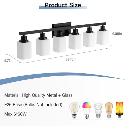 6 Light Bathroom Vanity Light, Modern Matte Black Bathroom Light Fixtures with Square Frosted Glass, Wall Sconces fixtures Over Mirror Restroom,Living Room Hallway E26 - color: Black, size: 6-Light