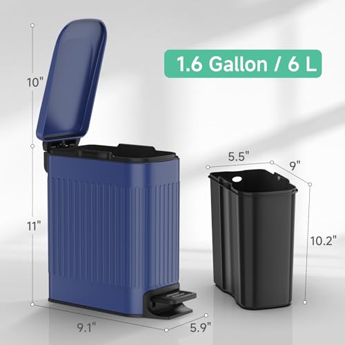 TIPGO Slim Bathroom Trash Can with Lid Soft Close, Step Pedal, 6 Liter / 1.6 Gallon Stainless Steel Trash Bin, Small Garbage Cans for Bedroom, Office, Kitchen (Blue) - color: Blue