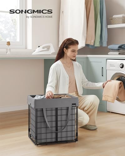 SONGMICS Laundry Hamper, 11 Gal. (50L) Laundry Basket, Collapsible Clothes Hamper, Removable and Washable Liner, Metal Wire Frame, for Bedroom Bathroom, Black and Gray ULCB150G01 - color: Black + Gray, size: 50 L
