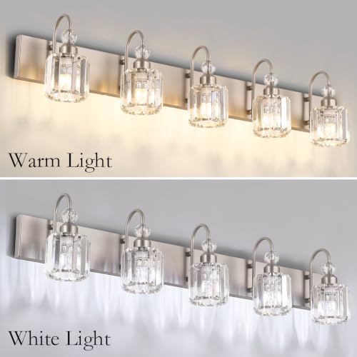 Ralbay Crystal Bathroom Vanity Light Brushed Nickel Modern 5 Light Bathroom Wall Lighting Fixtures Over Mirror - color: Round-Brushed Nickel, size: 5-light