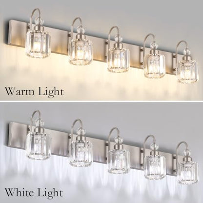 Ralbay Crystal Bathroom Vanity Light Brushed Nickel Modern 5 Light Bathroom Wall Lighting Fixtures Over Mirror - color: Round-Brushed Nickel, size: 5-light