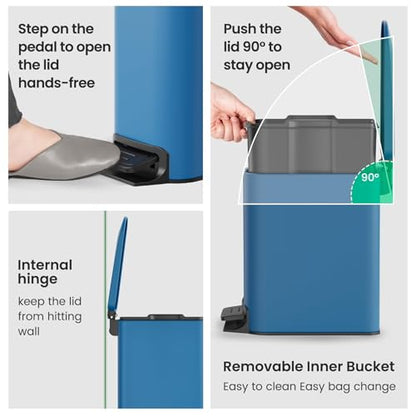 Cesun Small Bathroom Trash Can with Lid, 1.6 Gal, Soft Close, Blue | Step pedal soft close, Slim 5.9in fits narrow spaces, Stainless steel, Anti-fingerprint, Removable inner bucket, Odor seal - color: Blue