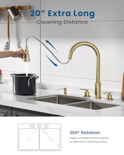 DAYONE 2 Handle Kitchen Faucet with Pull Down Sprayer, 4 Hole Sink Faucets with Separate Handle for Kitchen RV Laundry Bar, 3 Modes, SUS304 Stainless Steel, Brushed Gold - color: Brushed Gold, style: 2-handle