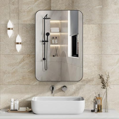 24x16 Inch Bathroom Medicine Cabinet Black, Wall Mounted Bathroom Medicine Cabinets or Recessed Mirror Cabinet Rounded Rectangle Medicine Cabinets - color: Black Aluminium（24‘’x16‘’）