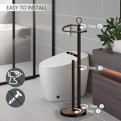 Toilet Paper Holder Free Standing with Storage 4 Rolls Stainless Steel Toilet Paper Holder Stand with Weighted Wood Grain Base Space-Saving Tissue Roll Holders for Bathroom Black & Bronze (Bronze)