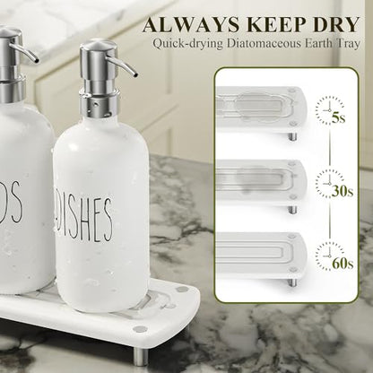Cisily Housewarming Gifts New Home Basket, Kitchen Soap Dispenser Set Comes with Ceramics Sponge Holder, Silver Stainless Steel Pumps, and Instant Dry Tray, Hand and Dish Soap Dispenser Set - color: Silver + White+gift Box Packaging
