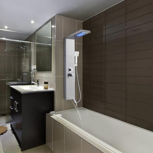 ROVOGO LED Shower Panel Tower System with Lights, 5 Shower Modes, 46.5 Inch | Rainfall Waterfall Shower Head, 4 Body Jets, Handheld and Tub Spout, Stainless Steel Shower Column with Brass Valves, Brushed - color: Brushed-4 jets