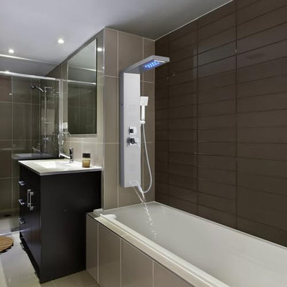 ROVOGO LED Shower Panel Tower System with Lights, 5 Shower Modes, 46.5 Inch | Rainfall Waterfall Shower Head, 4 Body Jets, Handheld and Tub Spout, Stainless Steel Shower Column with Brass Valves, Brushed - color: Brushed-4 jets
