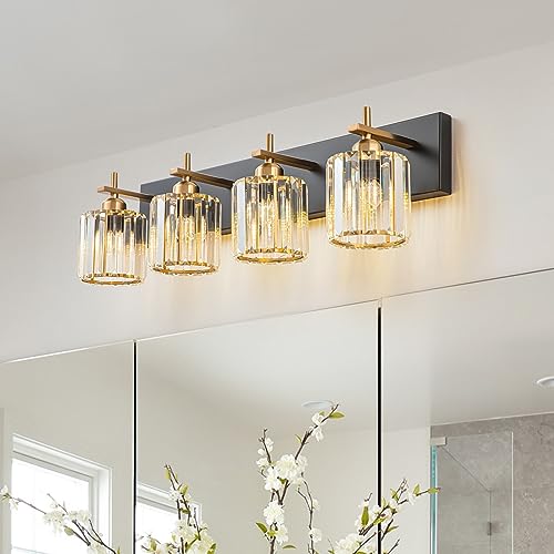 Black Gold Crystal Bathroom Vanity Light, Modern 4-Lights Bathroom Light Fixtures Over Mirror, Crystal Wall Lighting with Polished Gold Finish - color: Black Gold-Round Shade, size: 4-Light