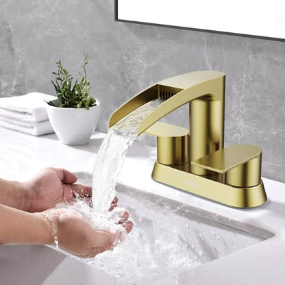 Bathroom Sink Faucet for 3 Hole, Hurran 4 Inch Faucets with Pop-up Drain, Stainless Steel 2-Handle Waterfall Faucet for Bathroom Sink, Brushed Gold - color: Brushed Gold