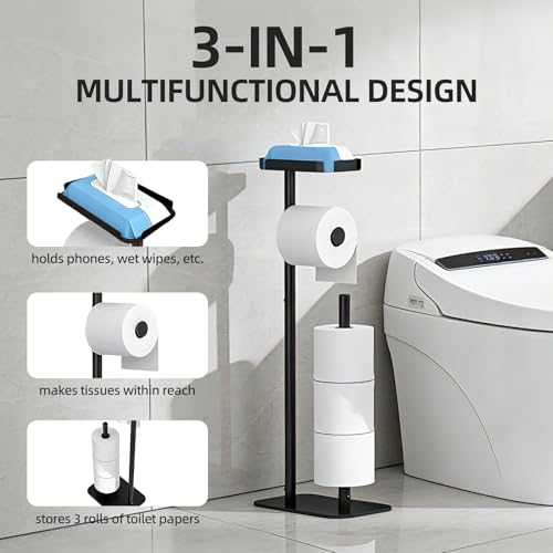 Toilet Paper Holder Free Standing for 4 Rolls with Anti-Slip Base | Rustproof Metal Toilet Paper Stand with Top Storage Shelf for Phones, Wipe and More, Bathroom Organizers and Storage, Black