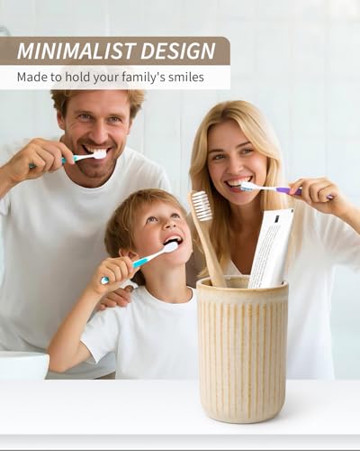 BosilunLife Ceramic Toothbrush Holder - 12oz Bathroom Toothbrush Holder Tooth Brush Holders Tumbler Cups Reusable Toothbrush Mouthwash Cup Small Toothbrush and Toothpaste Holder, Striped Greige - color: Greige-vsc, size: striped-cylinder