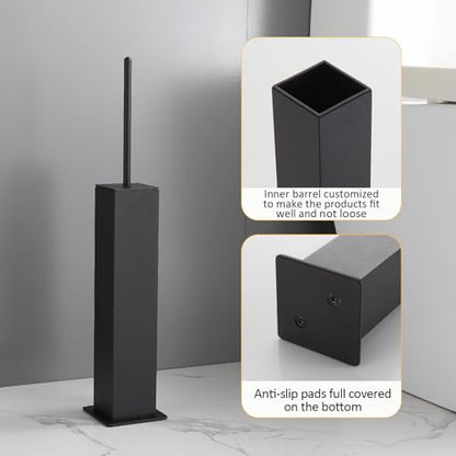Toilet Brush and Holder Floor Standing, Black with 2 Replaceable Heads, Bathroom Toilet Brush, Freestanding Toilet Bowl Brush with Removable Liner and Splash Guard, Modern Square Design - color: Black-standing