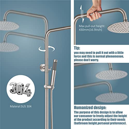 Aolemi Outdoor Shower Kit SUS304 with Cylinder Handheld Brushed Nickel | 2 Function,8 Inch Head,Cylinder Handheld Spray,Adjustable Height,Outside Exposed Shower Fixture,Single Handle,Wall Mount - color: Nickel