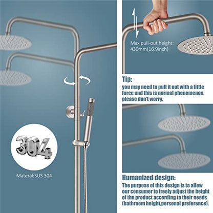 Aolemi Outdoor Shower Kit SUS304 with Cylinder Handheld Brushed Nickel | 2 Function,8 Inch Head,Cylinder Handheld Spray,Adjustable Height,Outside Exposed Shower Fixture,Single Handle,Wall Mount - color: Nickel
