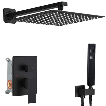 Matte Black Shower System 16 Inch Bathroom Luxury Rain Mixer Shower Combo Set Wall Mounted Rainfall Shower Head and Handheld System Shower Faucet Set Rough-in Valve Body and Trim Kit - color: Matte Black, size: 16 Inch