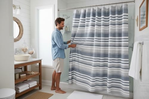 Modern Coastal Stripe Shower Curtain, Blue White Gray Thick Cotton, 72x72 | Elegant Modern Nautical Beach Striped Denim White Grey Hotel Feel Fabric, 72" x 72" Luxury Cloth Bathroom Décor - color: Oasis Blue